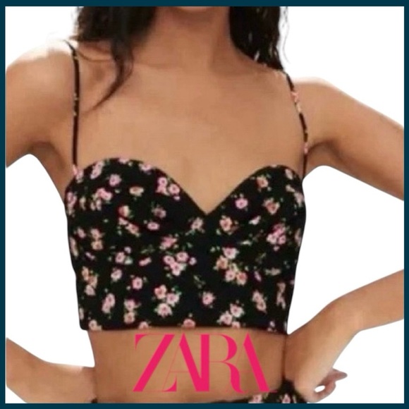 NWOT Zara Black/Pink Floral Corset Crop Top (S) - Picture 1 of 13
